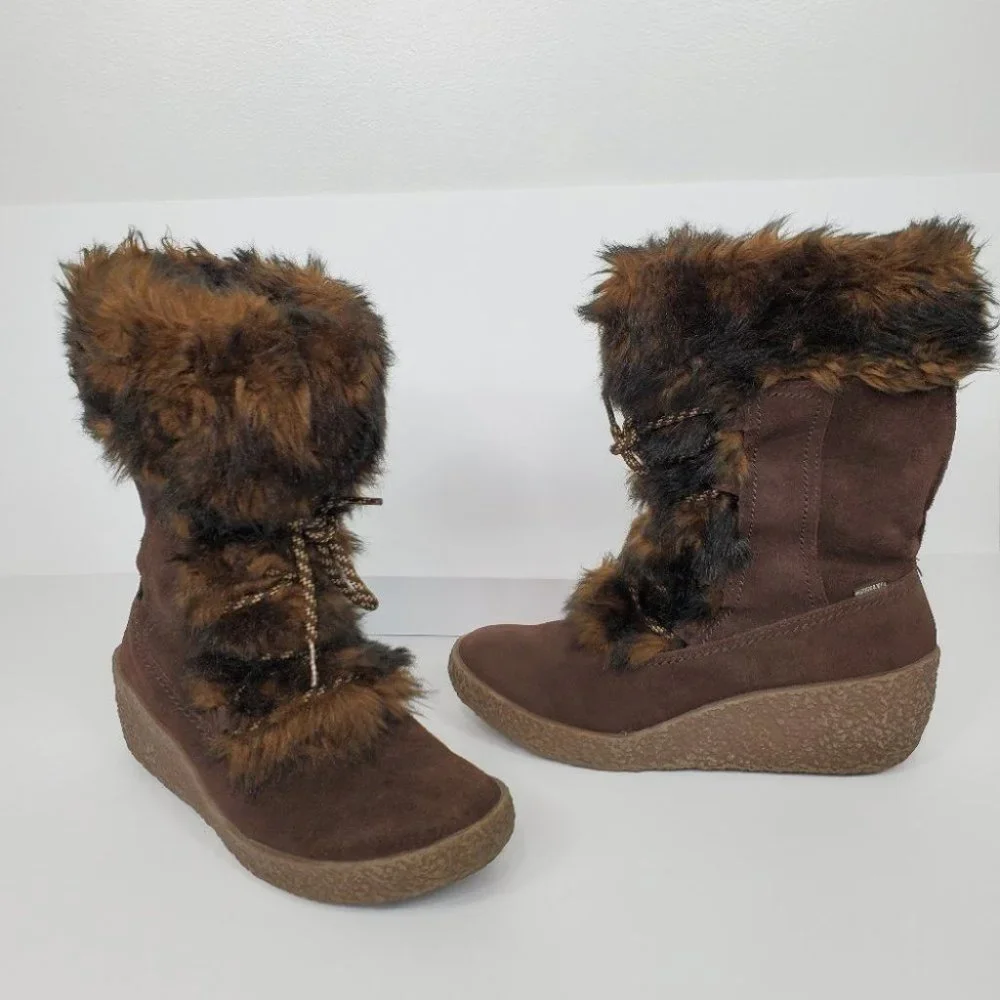 Brilliant Brown Leather Wedge Waterproof Boots Size 8M